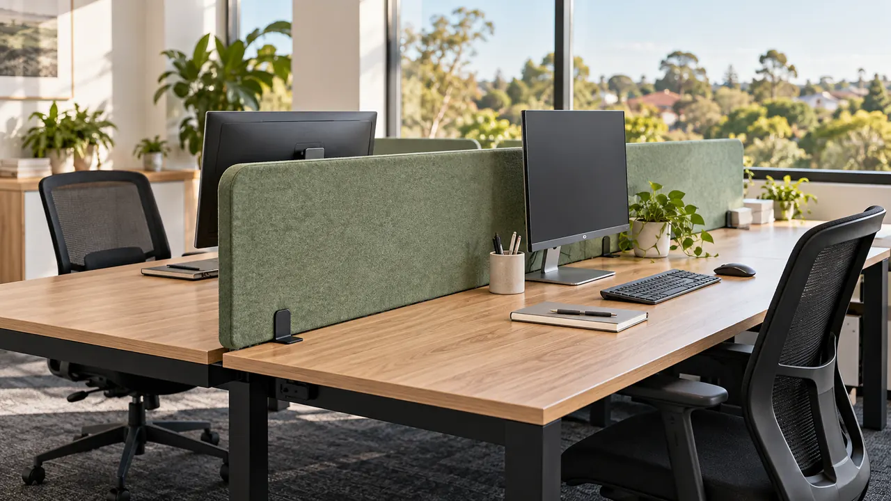 Sage green acoustic desk dividers separating workstations in a bright open-plan office.