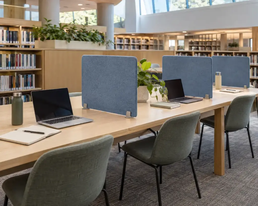 Blue acoustic desk partitions separating individual study spaces at a shared library table.