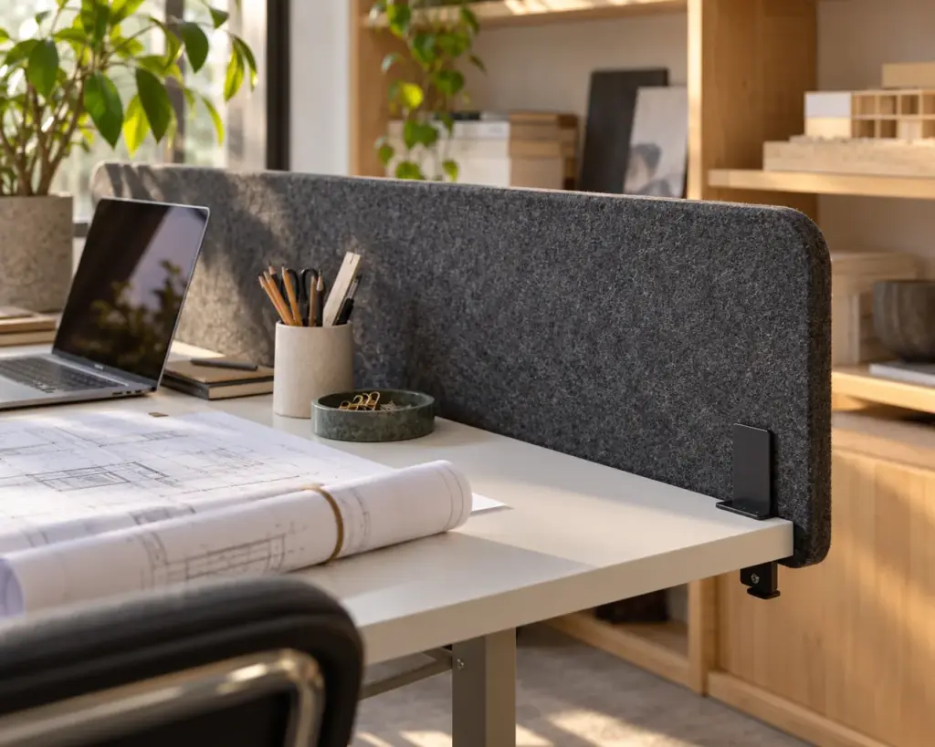 Charcoal acoustic desk screen secured to a white workstation with a black mounting clamp.