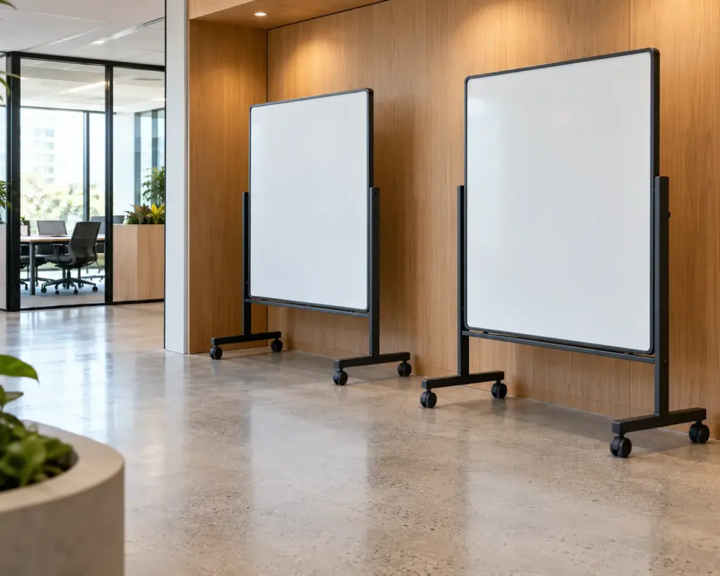 Two mobile whiteboards parked beside a timber wall with a clear passage.