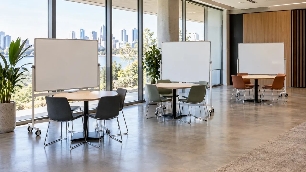Three mobile whiteboards positioned at separate workshop tables.