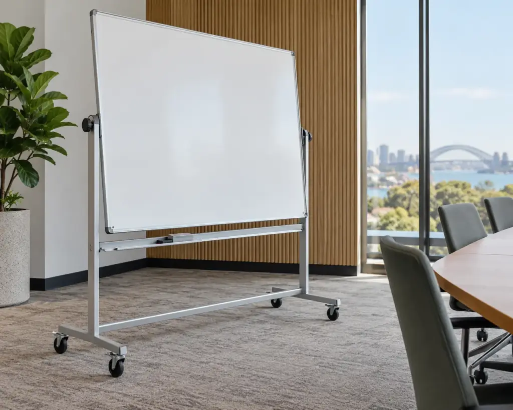 A blank rotating mobile whiteboard beside a meeting table.