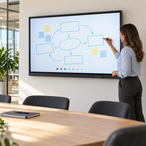 Professional using a touchscreen interactive whiteboard in a modern office meeting room.