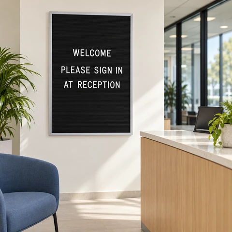 Silver-framed black letterboard displaying a welcome message in a modern office reception.