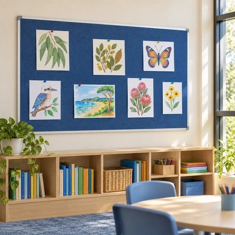 Blue classroom pinboard displaying colourful student artwork above timber shelving.