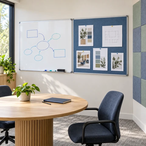 Whiteboard, blue pinboard and acoustic wall tiles in a modern office collaboration space.