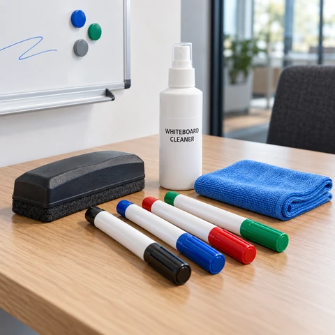 Whiteboard markers, eraser and cleaning accessories on an office meeting table.