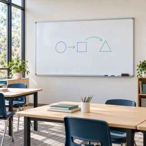 Wall-mounted whiteboard in a bright classroom with timber desks and blue chairs.