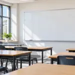 Large blank wall whiteboard in a bright school classroom.