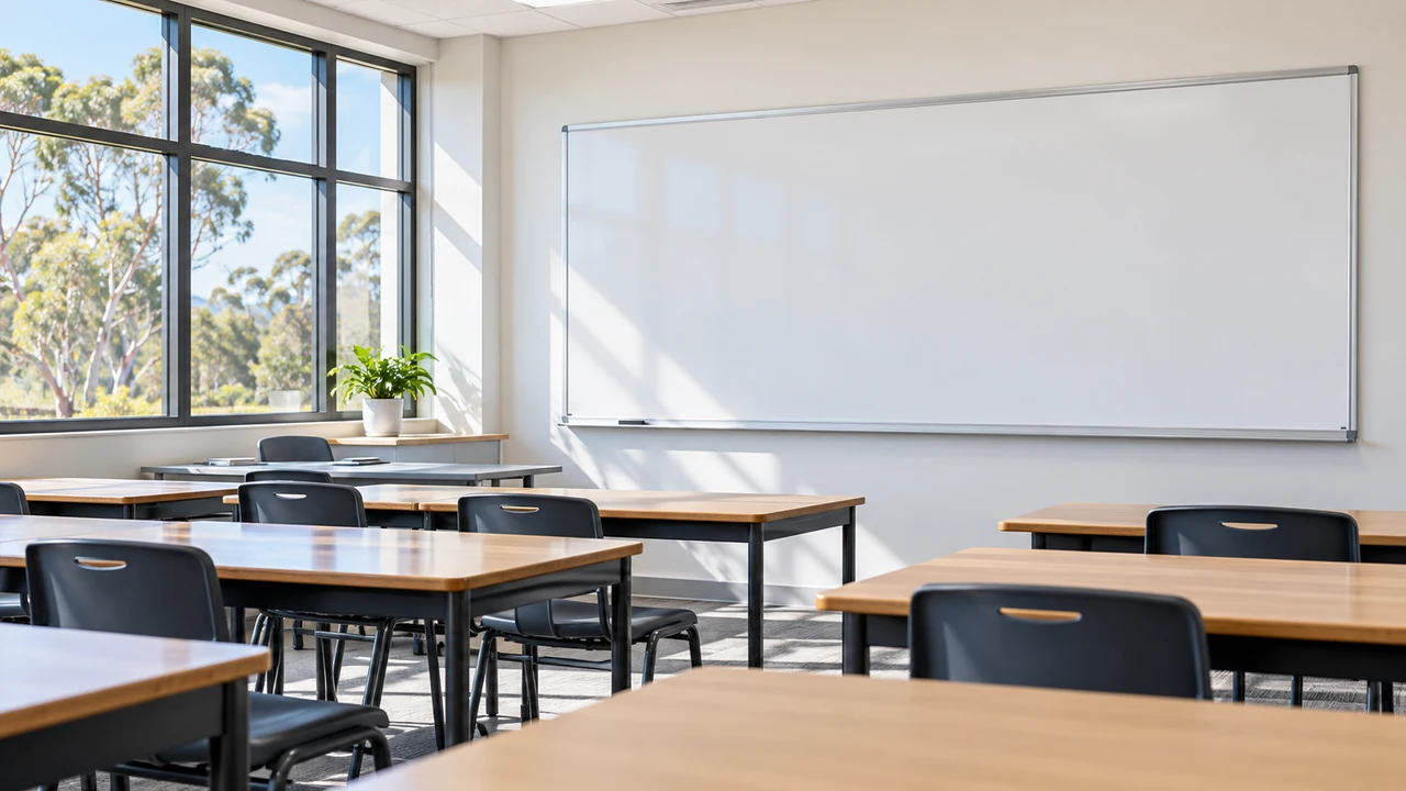 Large blank wall whiteboard in a bright school classroom.