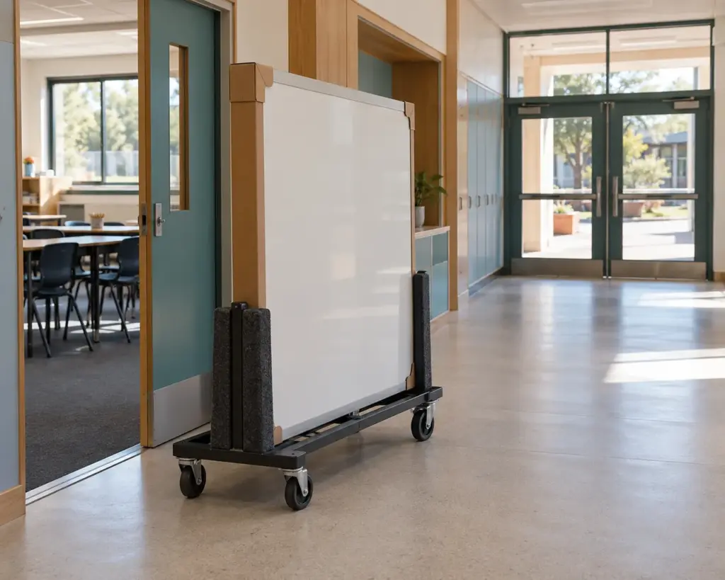 Protected whiteboard on a padded panel trolley beside a school classroom.