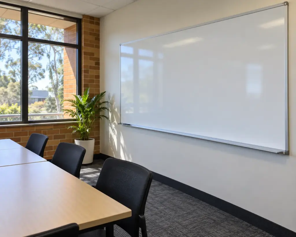 Angled view of a blank wall whiteboard in a training room.